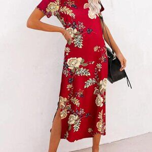 Naggoo Women's Short Sleeve Split Maxi Dress - Red with Floral Print, Si…